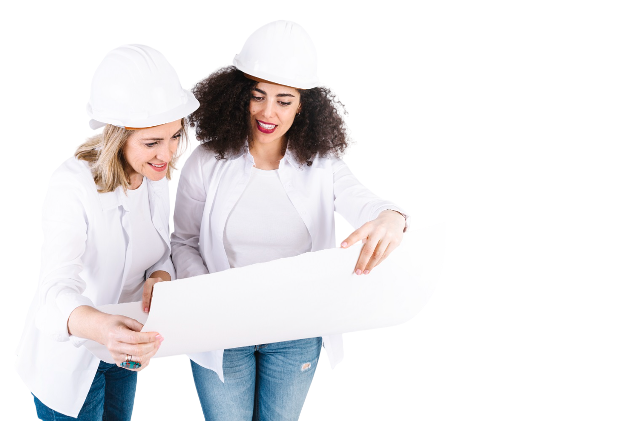 smiling engineers examining draft photoroom